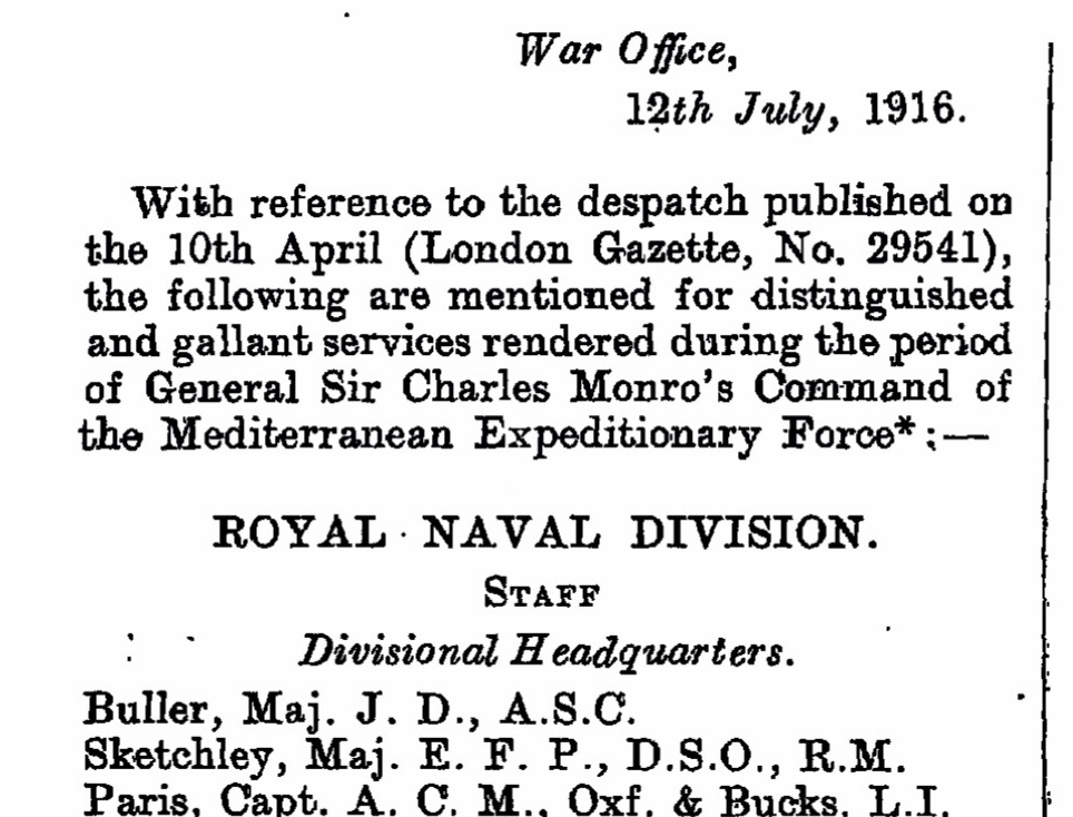 Ernest Sketchley London Gazette Mentioned in Despatches