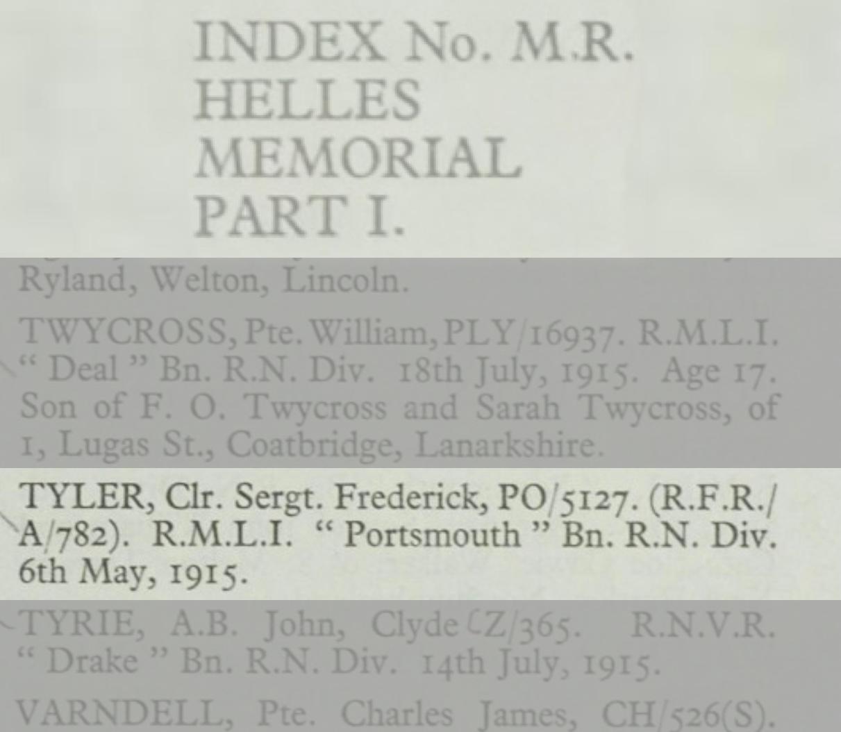 Royal Naval Division .info Frederick Tyler Helles memorial Index