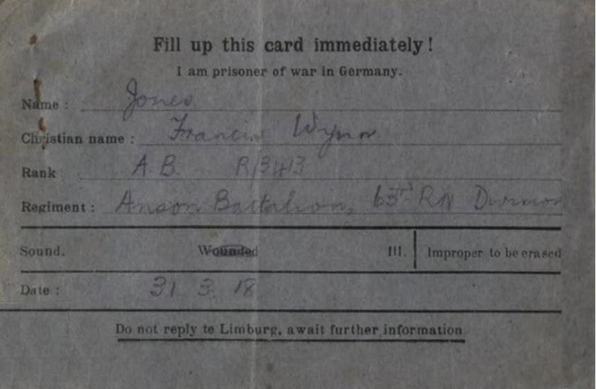 Royal Naval Division .info Francis Wynn Jones R/3413 PoW postcard back